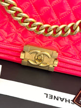 Load image into Gallery viewer, CHANEL Quilted Boy Patent Leather Old Medium Flap Bag in Neon Pink