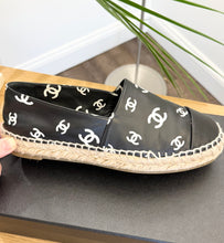 Load image into Gallery viewer, CHANEL 2023 Printed Crazy CC Logo Lambskin Espadrilles in Black/White - EU38