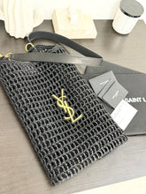 Load image into Gallery viewer, SAINT LAURENT 2024 Oxalis Leather-trimmed Raffia Shoulder Bag in Black