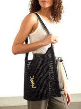 Load image into Gallery viewer, SAINT LAURENT 2024 Oxalis Leather-trimmed Raffia Shoulder Bag in Black
