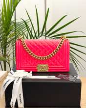 Load image into Gallery viewer, CHANEL Quilted Boy Patent Leather Old Medium Flap Bag in Neon Pink