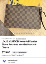 Load image into Gallery viewer, LOUIS VUITTON Neverfull Damier Ebene Pochette Wristlet Pouch in Cherry