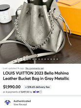Load image into Gallery viewer, LOUIS VUITTON 2023 Bella Mahina Leather Bucket Bag in Gray Metallic