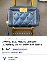 Load image into Gallery viewer, CHANEL 2020 Metallic Lambskin Quilted Boy Zip Around Wallet in Blue