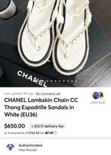 Load image into Gallery viewer, ▪️SOLD▪️CHANEL Lambskin Chain CC Thong Espadrille Sandals in White (EU36)