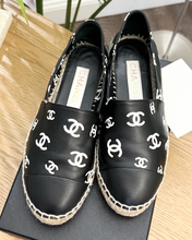 Load image into Gallery viewer, CHANEL 2023 Printed Crazy CC Logo Lambskin Espadrilles in Black/White - EU38