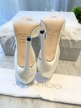 Load image into Gallery viewer, JIMMY CHOO Liz 100 Ivory Satin Pointy Toe Pumps With Crystals And Fascinator Feathers In White EU38