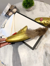 Load image into Gallery viewer, GUCCI Princetown Fur-lined Embroidered Metallic Leather Slippers In Metallic Gold EU39