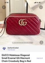 Load image into Gallery viewer, GUCCI Matelasse Diagonal Small Enamel GG Marmont Chain Crossbody Bag in Red