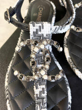Load image into Gallery viewer, CHANEL CC Tweed Thong Sandals In Black/White (EU)37