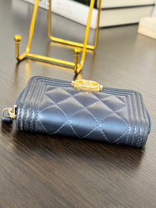 CHANEL 2020 Metallic Lambskin Quilted Boy Zip Around Wallet in Blue