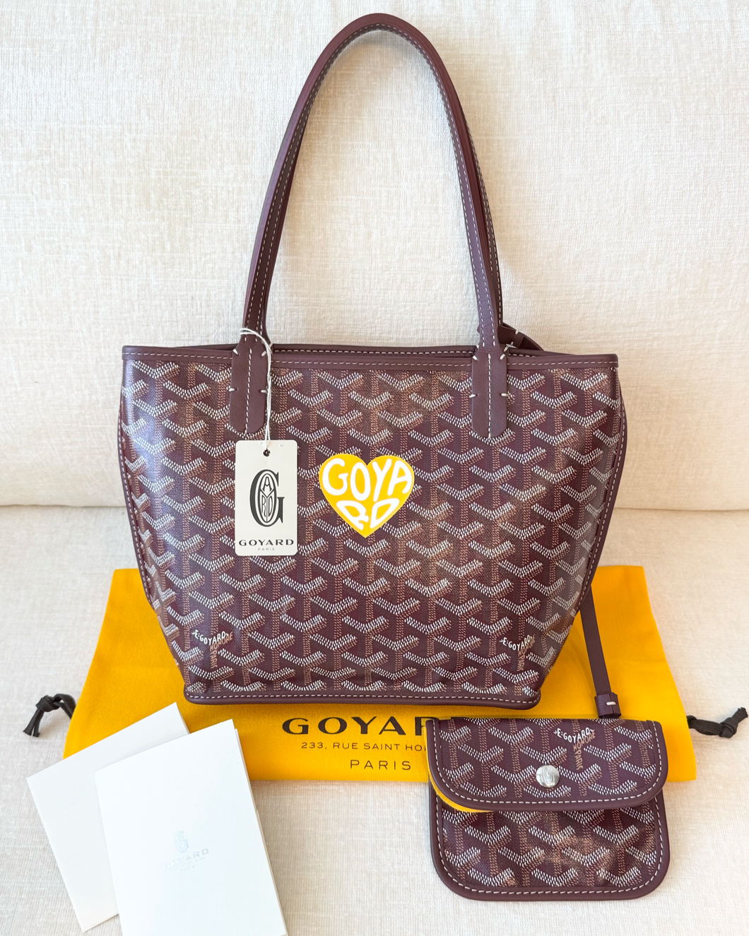 💛 NEW! 2025 GOYARD Anjou Canvas Leather Reversible Mini Tote Bag / Burgundy