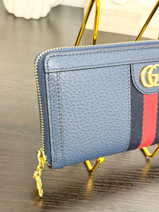 GUCCI Ophidia Calfskin Leather Zip Around Wallet in Blue Agata