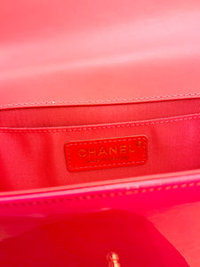 CHANEL Quilted Boy Patent Leather Old Medium Flap Bag in Neon Pink