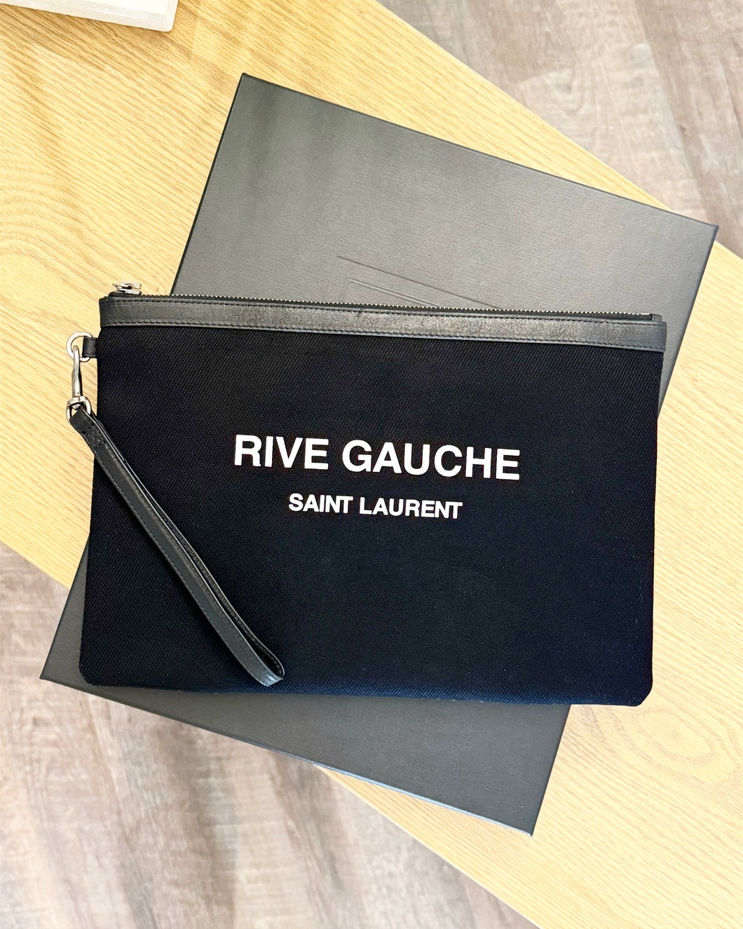 SAINT LAURENT Rive Gauche Linen Canvas Wristlet Pouch in Black