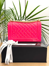 Load image into Gallery viewer, CHANEL Quilted Boy Patent Leather Old Medium Flap Bag in Neon Pink
