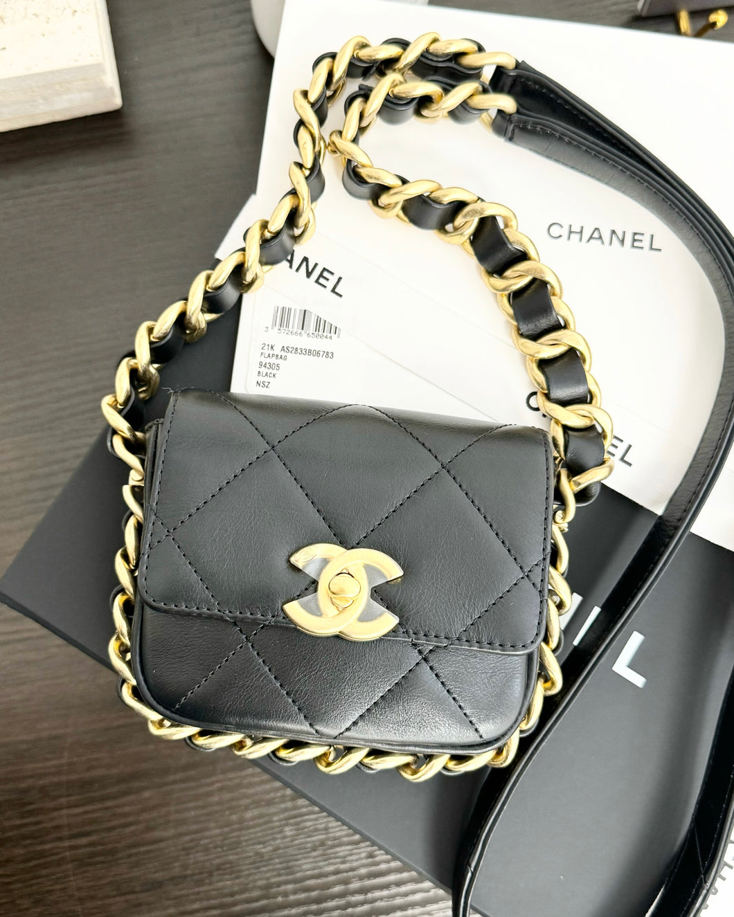 ▪️SOLD▪️CHANEL 2021 Calfskin Quilted Mini Framing Chain Crossbody Bag in Black