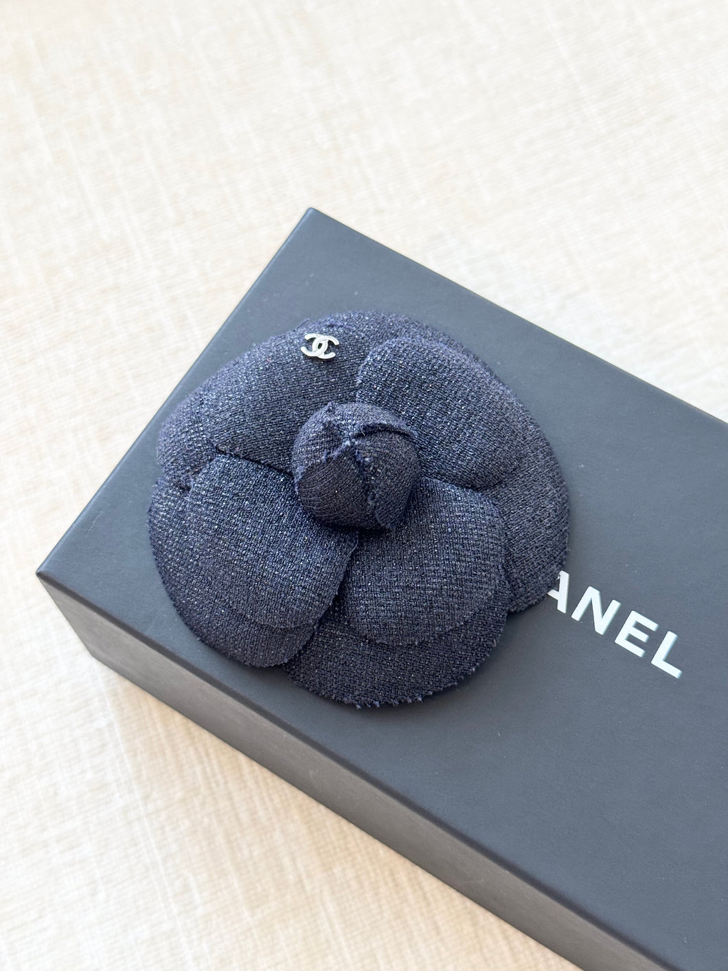 CHANEL Tweed Fabric Camellia Pin Brooch in Navy
