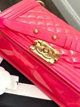 Load image into Gallery viewer, CHANEL Quilted Boy Patent Leather Old Medium Flap Bag in Neon Pink
