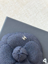 Load image into Gallery viewer, CHANEL Tweed Fabric Camellia Pin Brooch in Navy
