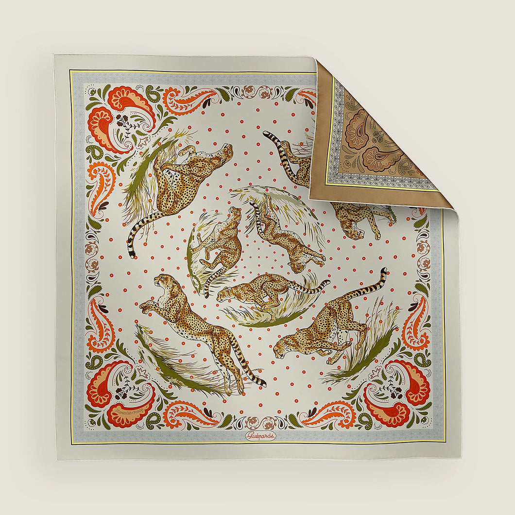 Hermès 2025 Guepards Bandana Double Face Scarf 90 in Noir / Ardoise / Rose