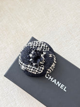 Load image into Gallery viewer, CHANEL Tweed Fabric Camellia Pin Brooch / Black / White
