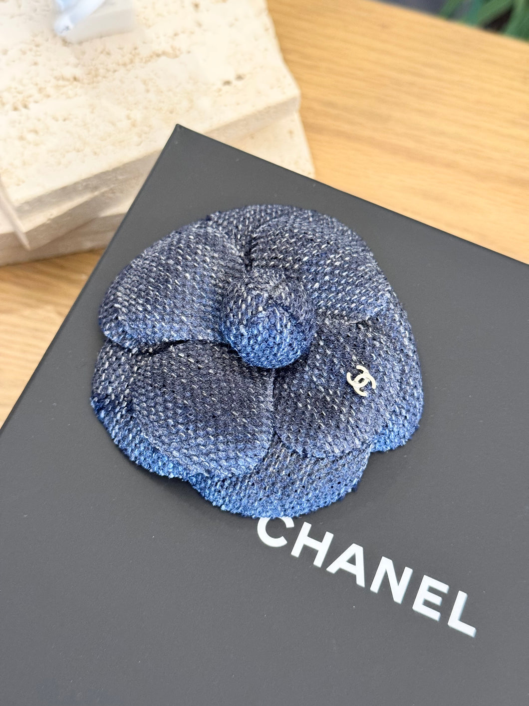 CHANEL Tweed Fabric Camellia Pin Brooch in Blue