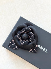 Load image into Gallery viewer, CHANEL Tweed Fabric Camellia Pin Brooch / Black / Pink
