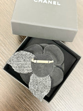 Load image into Gallery viewer, CHANEL Tweed Fabric Camellia Pin Brooch in Black
