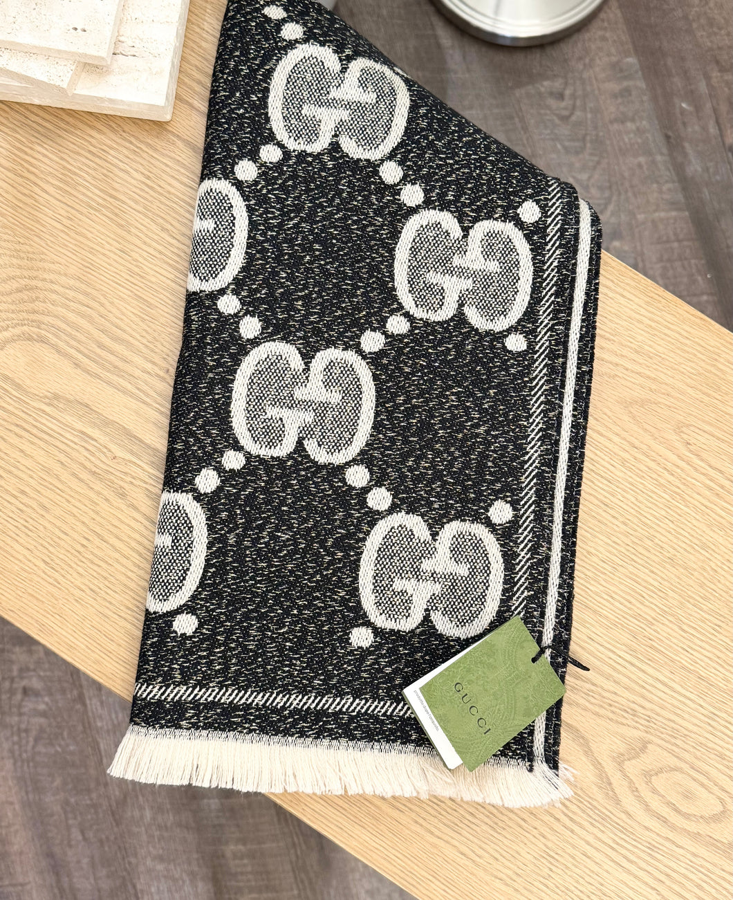 GUCCI GG Wool Jacquard Scarf - Black/Ivory