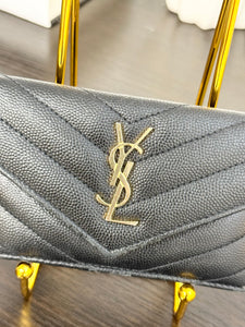 SAINT LAURENT YSL Monogram Ziptop Flap Grained Leather Card Case in Black