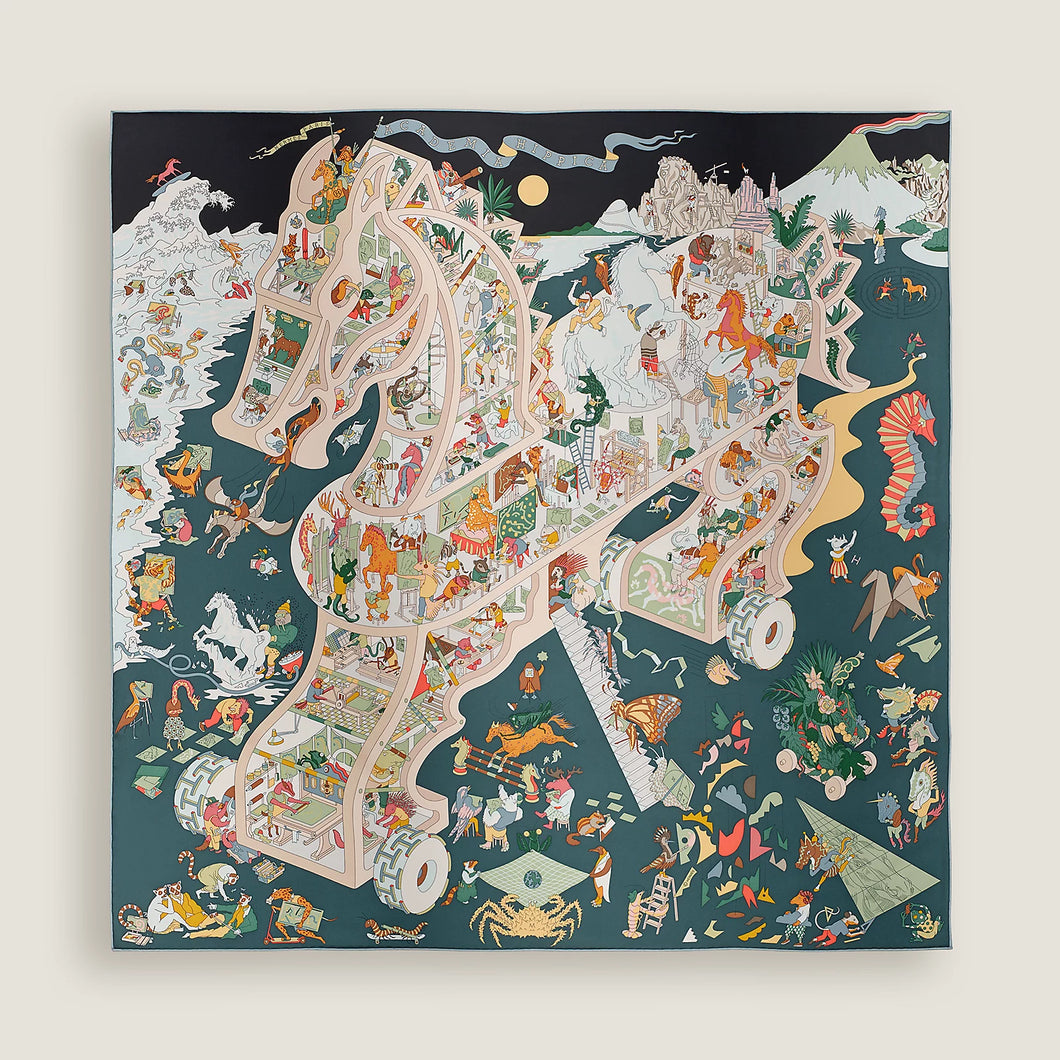 Hermès 2025 Academia Hippica Silk Scarf 90 in Noir / Ardoise / Rose Poudre