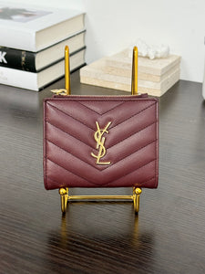 SAINT LAURENT Cassandre Matelasse Embossed Leather Bi-Fold Wallet in Burgundy