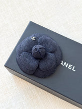 Load image into Gallery viewer, CHANEL Tweed Fabric Camellia Pin Brooch in Navy
