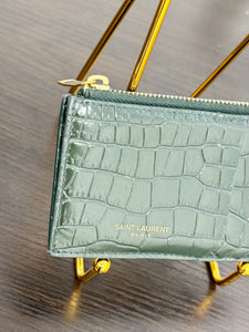 SAINT LAURENT Fragments Croc-effect Leather Zipped Card Case in Green