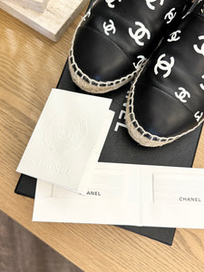 CHANEL 2023 Printed Crazy CC Logo Lambskin Espadrilles in Black/White - EU38