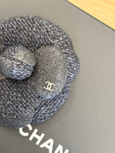 Load image into Gallery viewer, CHANEL Tweed Fabric Camellia Pin Brooch in Black
