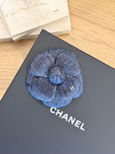 Load image into Gallery viewer, CHANEL Tweed Fabric Camellia Pin Brooch in Blue
