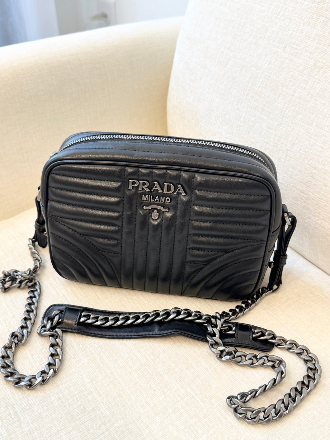 PRADA Diagramme Leather Small Camera Crossbody Bag - Black