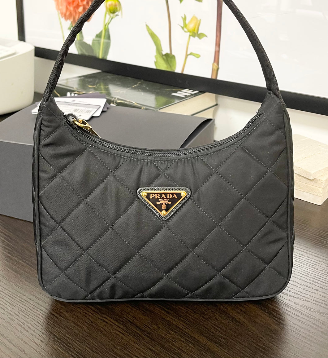 PRADA Tessuto Nylon Impuntu Quilted Shoulder Bag in Black