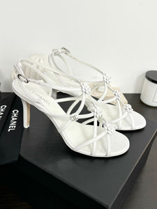 CHANEL 2023 SS Cruise Open Toe Pin Heel Sandals in White - EU38