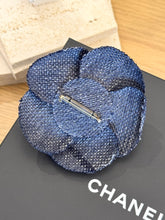 Load image into Gallery viewer, CHANEL Tweed Fabric Camellia Pin Brooch in Blue
