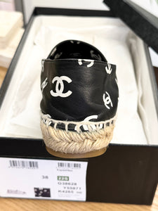 CHANEL 2023 Printed Crazy CC Logo Lambskin Espadrilles in Black/White - EU38