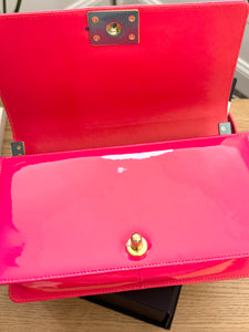 CHANEL Quilted Boy Patent Leather Old Medium Flap Bag in Neon Pink