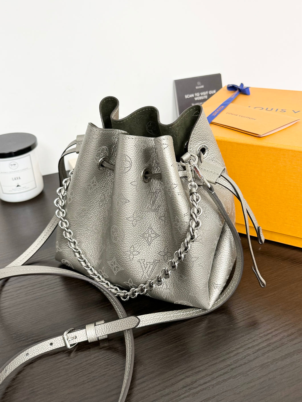 LOUIS VUITTON 2023 Bella Mahina Leather Bucket Bag in Gray Metallic