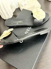 Load image into Gallery viewer, CHANEL Camellia Flower Leather Flat Sandals in Black/White - EU37.5
