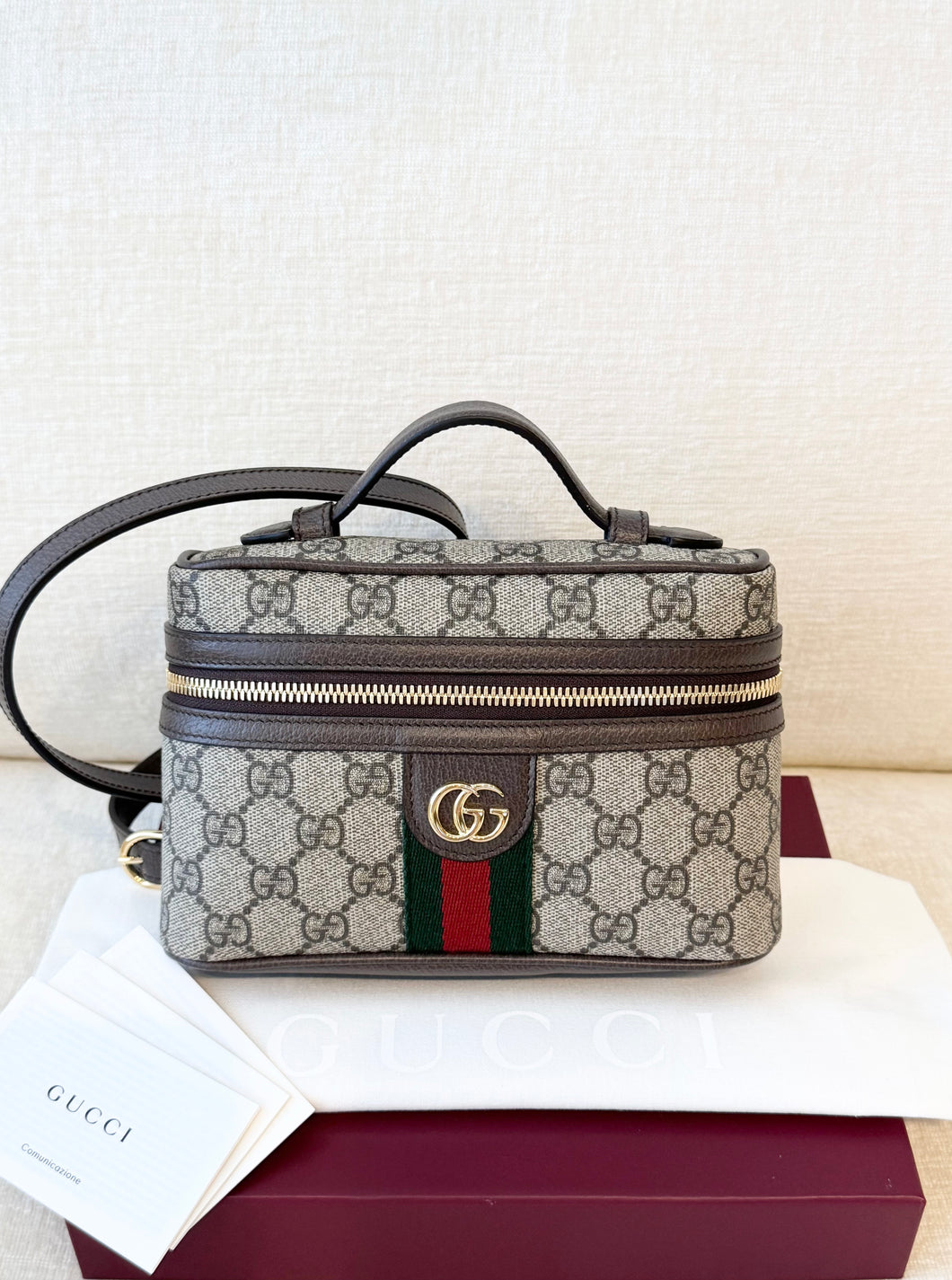 ✨NEW✨GUCCI Ophidia Leather-Trimmed Coated-Canvas Small Vanity Bag / Beige