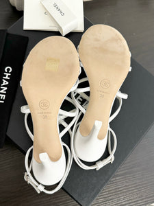 CHANEL 2023 SS Cruise Open Toe Pin Heel Sandals in White - EU38