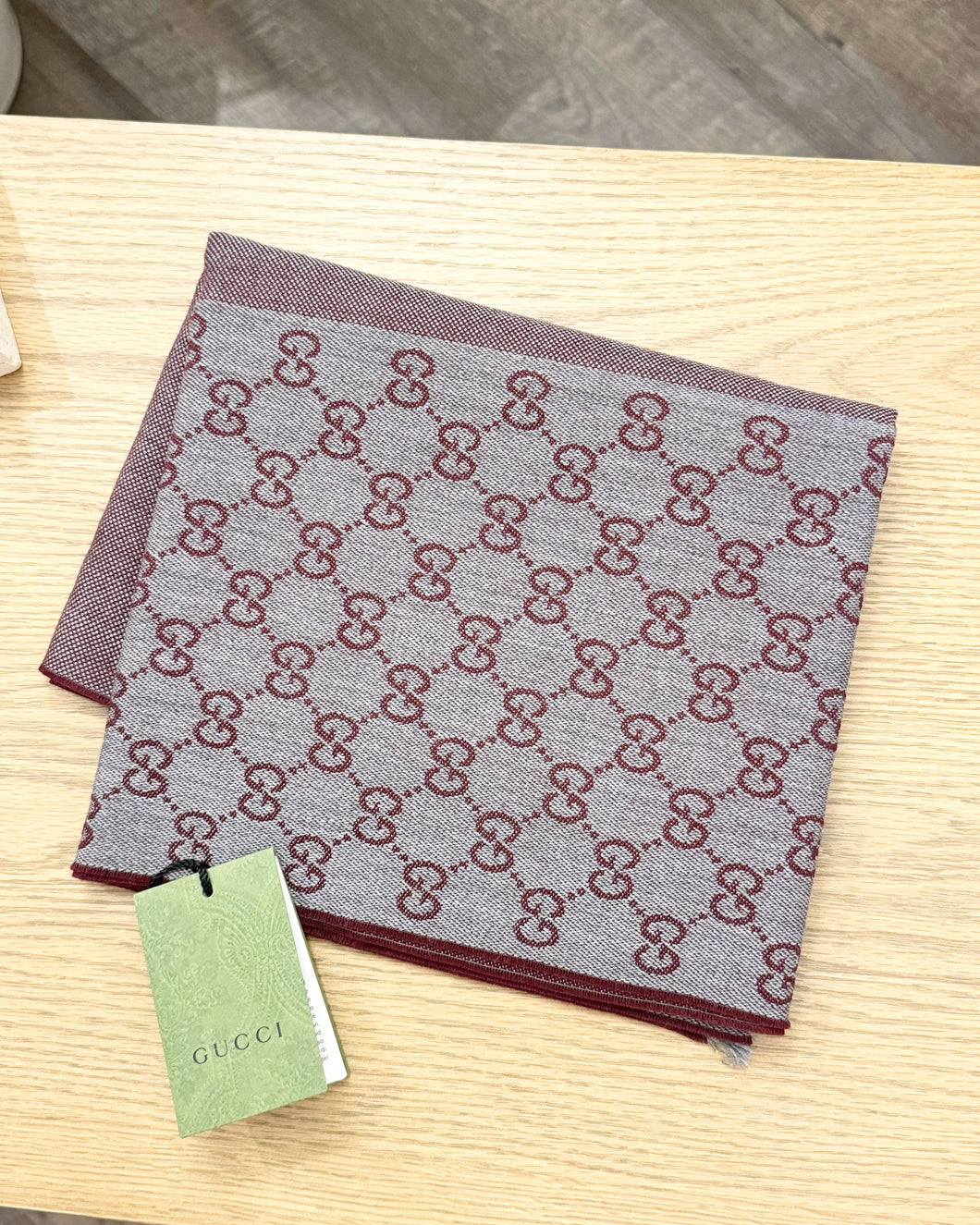 [SOLD] GUCCI 2023 GG Logo Wool Scarf in Burgundy