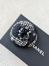 Load image into Gallery viewer, CHANEL Tweed Fabric Camellia Pin Brooch / Black / White
